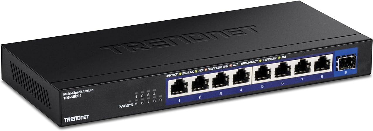 TRENDnet 9-Port Unmanaged 2.5G Switch with 10G SFP  Port, TEG-S5091, 8 x 2.5GBASE-T Ports, 60Gbps Switching Capacity, Fanless, Wall Mountable, Black