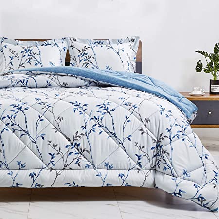 CozyLux Queen Full Printed Comforter Set with Orchid Floral Pattern Lightweight Soft Down Alternative Duvet Insert - Hypoallergenic Fluffy Microfiber Bed Set for All Season - 3 Piece, Blue Flower