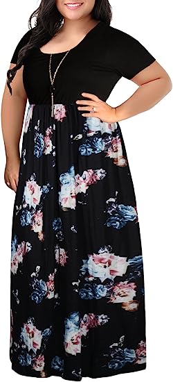 Nemidor Women's Chevron Print Summer Short Sleeve Plus Size Casual Maxi Dress