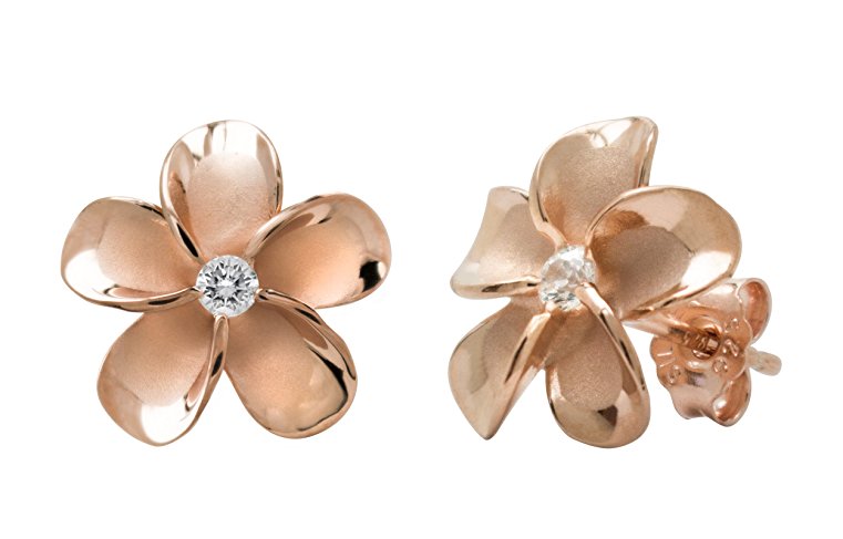14k Rose Gold Plated Stering Silver CZ Plumeria Stud Earrings, 12mm