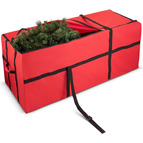 ZOBER Extra Wide Opening Christmas Tree Storage Bag - Fits Up to 9 ft. Tall Artificial Disassembled Trees, Durable Straps & Reinforced Handles - Holiday Xmas, 600D Oxford Duffle Bag (Red)