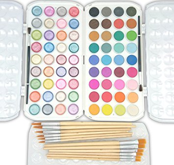 EconoArts Watercolor Paint Set, 72 Colors - Normal and Pearlescent, 6 Flat, 6 Round, and 2 Basic Brushes