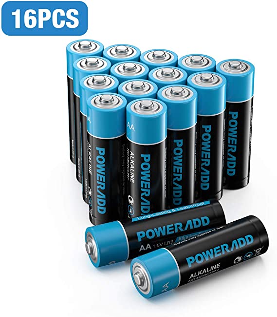 Poweradd Alkaline AA Batteries, 1.5 V, Long-Lasting & Durability, Performance Double A Alkaline Batteries, 10-Year Shelf Life, Pack of 16