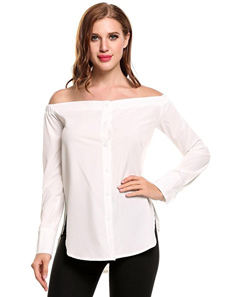 Mofavor Womens Casual Off Shoulder Button Down Long Sleeve T-Shirt Blouse Tops