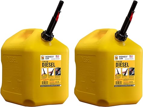 Midwest Can Company 8610 EPA and CARB Compliant 5 Gallon Diesel Can Fuel Container with Flame Shield Safety System and Auto Shut Off (2 Pack)
