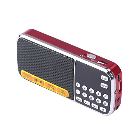 Radioddity L-088AM Mini Digital AM FM LCD Radio Speaker, Micro SD/TF USB Disk Speaker MP3 Music Player, Portable Pocket Novelty Radio Receiver, Handheld CB Radio Transceiver, Red