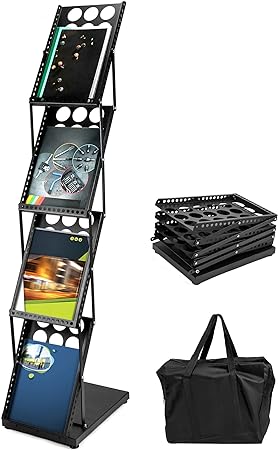 QWORK Magazine Brochure Display Rack Stand, 4 Pocket Foldable Literature Catalog Rack Book Holder Tradeshow Display Stand, for Office Store and Exhibition Trade Show (Black)