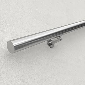 Muzata 10Ft Pre-drilled Pipe Handrail 2" OD Round Stair Railings with Two Wall Brackets Stainless Steel Brushed Safety Handrail for Indoor Outdoor Stair HK27