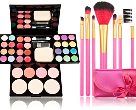 Makeup Brushes Cosmetic Palette Set TimeSong Professional Makeup Palette Kit （Include: Eyeshadow & Blusher & Face Powder & Lip Gloss)   Makeup Brushes Set (7pcs Pink Brushes)