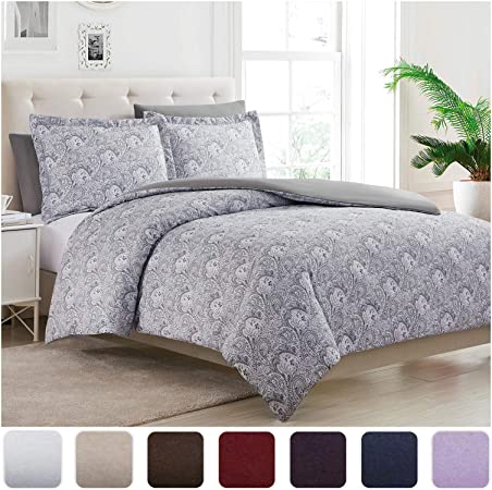 Mellanni Duvet Cover Queen Set 5pcs - Soft Double Brushed Microfiber Bedding, 2 Shams and 2 Pillowcases - Button Closure and Corner Ties - Wrinkle, Fade, Stain Resistant (Full/Queen, Paisley Gray)