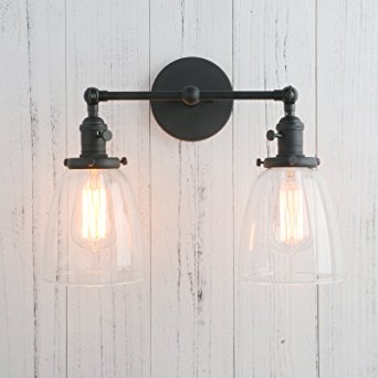 Permo Double Sconce Vintage Industrial Antique 2-lights Wall Sconces with Oval Cone Clear Glass Shade (Black)
