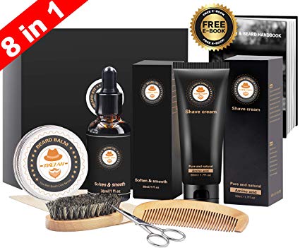 8 in 1 Mens gifts for Men Beard Care Growth Grooming Kit Unscented Beard Oil  Free Shaving Cream & Beard Comb Beard Balm Beard Brush Beard Scissors Storage Bag Gift Box by XIKEZAN