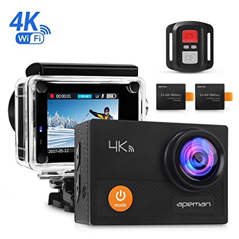 Apeman 4K Action Waterproof Camera 12MP Ultra Full HD Wi-Fi Sport Cam 30M Diving Underwater Camera with 2.0 Inch LCD Screen 170 Degree Wide View Angle/2.4G Remote Control/2 Rechargeable Batteries/Waterproof Case and 20 Accessories Kits