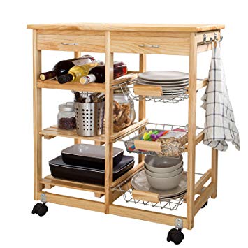 SoBuy Lengthen Size Solid Wood Kitchen Trolley Cart with Shelves & Drawer, FKW04-N