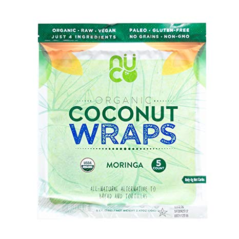 NUCO Certified ORGANIC Paleo Vegan Gluten and Grain Free Moringa Coconut Wraps, 5 Count (One Pack of Five Wraps)