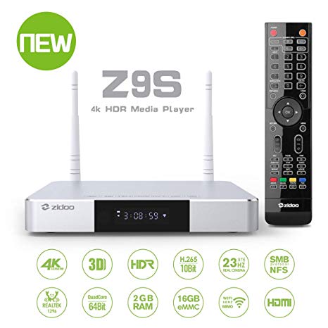 Zidoo Android TV Box Z9S 4K Smart TV Box Android 7.1 Media Player NAS 2GB DDR 16GB Realtek 1296 4 core 64-bit A53 processor WIFI, Bluetooth 4.1 UHD Tvbox with backlit remote set top box