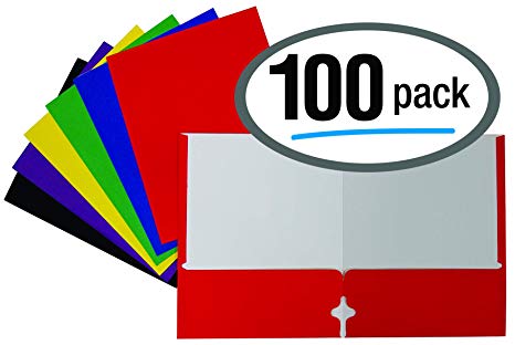 2 Pocket Paper Folders, Letter Size Paper Portfolios by Better Office Products, Case of 100, Assorted Primary Colors