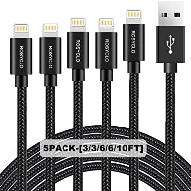 ROSYCLO iPhone Charger,5 Pack 3/3/6/6/10FT MFi Certified Lightning Cable USB Nylon Braided Apple Fast Charging Data Sync Long Cord Compatible with iPhone 13/12/11/Pro/Xs Max/X/8/7/Plus/6S/6/SE/5S/iPad