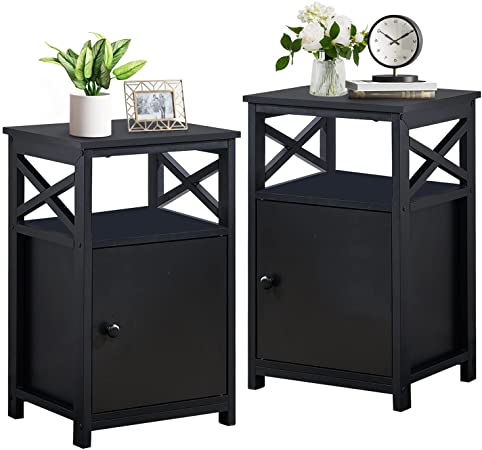 VECELO Modern End Side Table with Storage Cabinet,Large Capacity Bedside Nightstand for Living Room, Bedroom,Office,Easy to Assemble,Set of 2, Antique Black