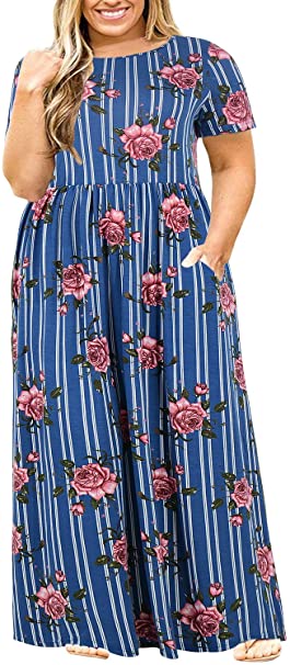 Nemidor Women Short Sleeve Loose Plain Casual Plus Size Long Maxi Dress with Pockets