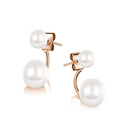 Double Cycle Stud Jacket Earrings with Swarovski Crystal Simulated White Pearls 18 ct Rose Gold Plated for Women