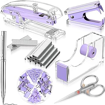 Office Supplies Set Desk Accessory Kit, Acrylic Stapler Set Staple Remover, Tape Dispenser, Binder Clips, Paper Clips, Ballpoint Pen and Scissor with 1000 Pieces 26/6 Staples (Purple)