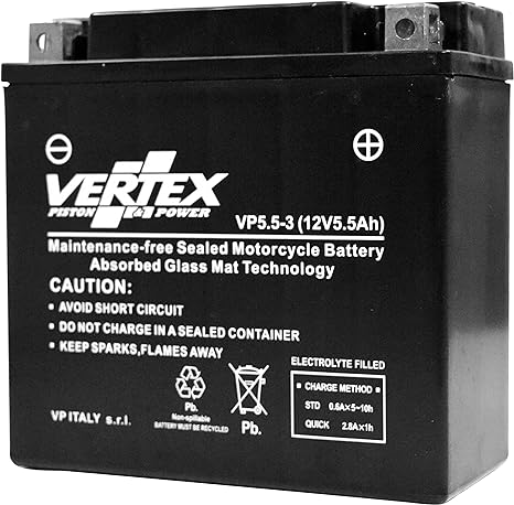 Vertex VP5.5-3 Sealed AGM Motorcycle/Powersport Battery, 12V, 5.5Ah, CCA (-18) 75, Replaces: 12N5.5-3B. Perfect battery for Motorcycle, ATV's, Personal Watercraft and Snowmobiles.