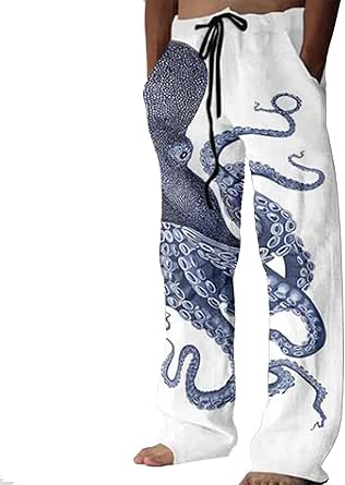 Funbibi Men's Japanese Art Octopus Graphic Printed Casual Pants, Men's Traditional Sashiko Art Linen Blend Casual Pants