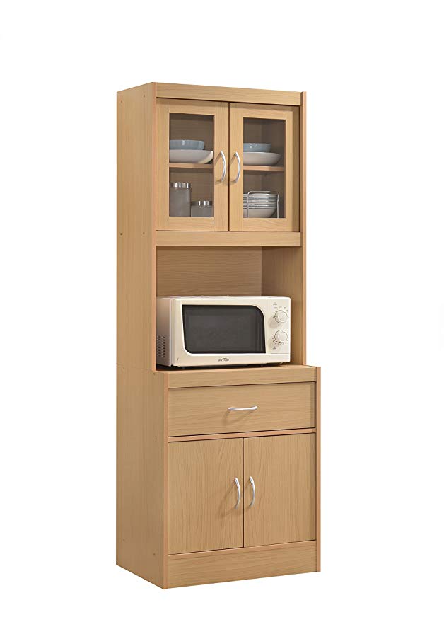 Hodedah Long Standing Kitchen Cabinet with Top & Bottom Enclosed Cabinet Space, One Drawer, Large Open Space for Microwave, Beech