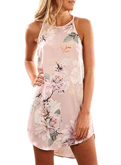 Asvivid Women's Summer Halter Neck Floral Print Sleeveless Casual Mini Dress(5 Pattern,S-XL)