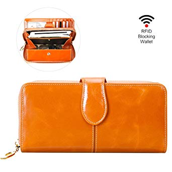 Wallets for women, EGRD Womens RFID Blocking Large Capacity Luxury Wax Genuine Leather Clutch Wallet