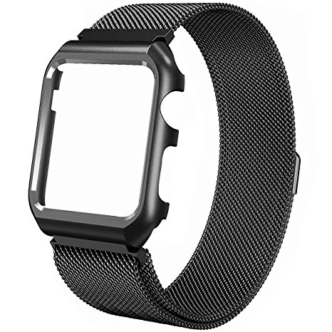 Apple Watch Band, Rerii Magnetic, Milanese, Mesh Stainless Steel, Replacement Band with Metal Protective Case for Apple Watch Series 3 / 2 / 1, Sport & Edition