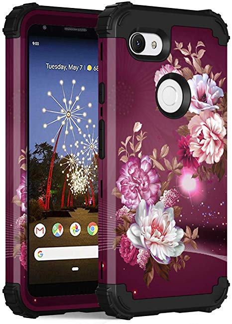 Hocase Pixel 3a Case, Heavy Duty Shockproof Protection Hard Plastic Soft Silicone Rubber Bumper Protective Case for Google Pixel 3a (2019) with 5.6-inch Display - Burgundy Flowers