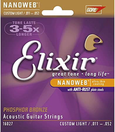 Elixir 16027 Nanoweb custom light 11-52 phosphor bronze acoustic guitar strings (2 PACKS)