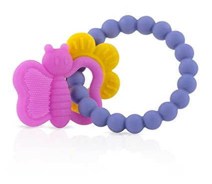 Nuby Chewy Charms 100% Soft Girls/Butterfly and Flower Silicone Teether, Purple/Pink/Yellow