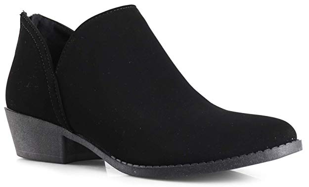Women's Madeline Western Almond Round Toe Slip on Bootie - Low Stack Heel - Zip Up - Casual Ankle Boot