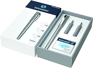 Schneider Callissima Calligraphy Fountain Pen Gift Set: Anthracite, 1.1 mm, 1.5 mm, 1.8 mm Interchangeable Tips   Pack of 6 Ice Blue Ink Cartridges (143812)