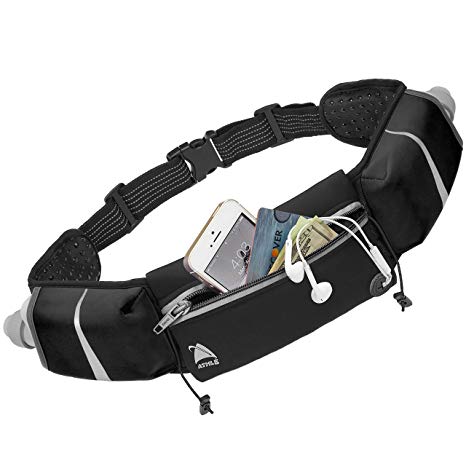 Athlé Running Belt - 2 10oz Water Bottles, Large Fanny Pack Pocket Fits All Phones and Wallet, Bib Fasteners, Adjustable One Size Fits All Waist Band, Key Clip, 360° Reflective