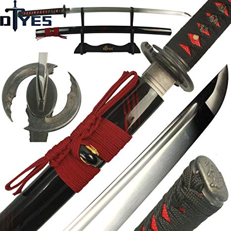 DTYES Full Handmade Japanese Samurai Katana Sword, Functional, Hand Forged, 1060 Carbon Steel/T10 Carbon Steel/Damascus Steel, Heat Tempered/Clay Tempered, Full Tang, Sharp, Wooden Scabbard
