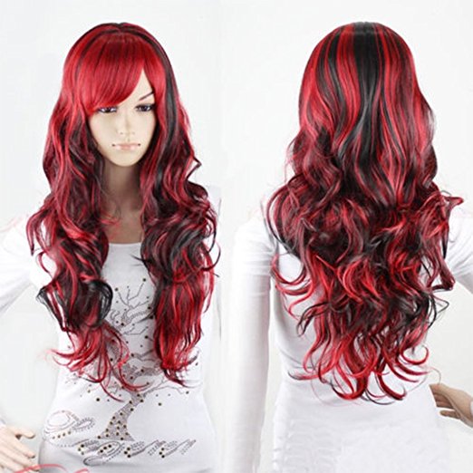 Netgo Anime Cosplay Wigs Red and Black for Women with Obligue Band Long Curly Hair Wigs Lolita Style Wigs