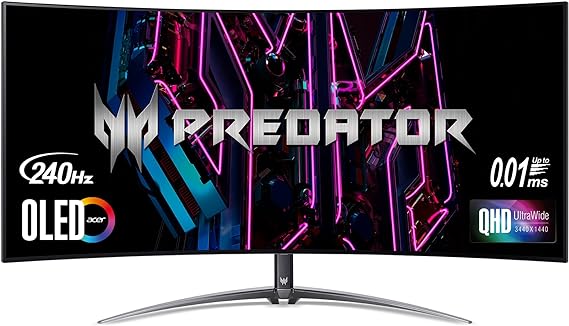 Acer Predator X45 | 44.5" UWQHD 3440x1440 OLED Curved Gaming Monitor | AMD FreeSync Premium | Up to 240Hz | Up to 0.01ms | 1000nits@HDR 3% | DCI-P3 99% | Delta E&lt;1 | USB Type-C, DP 1.4 & 2 x HDMI 2.0