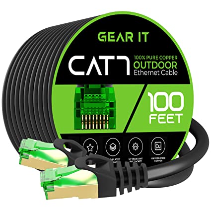 GearIT Cat7 Outdoor Ethernet Cable (100 Feet), SFTP Shielded Foil Twisted Pair, Waterproof - Black/Red, 100 Ft