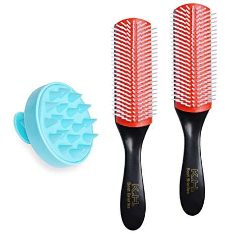 Akamino 3 Pieces 9-Row Styling Detangler Hair Brush and Shampoo Brush | Hair Scalp Massager - Cushion Nylon Bristles Hair Brush for Separating, Shaping & Defining Curls - Blow-Drying, Black