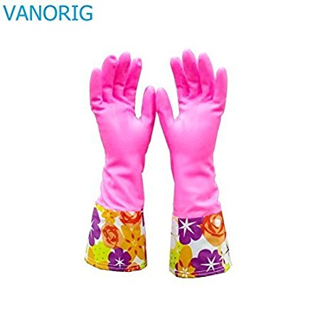 Household Cleaning Glove Laundry Gloves VANORIG® Thicken PU Waterproof Dishwashing Gloves Kitchen Cleaning Gloves ,1 Pair (Flowers-02)