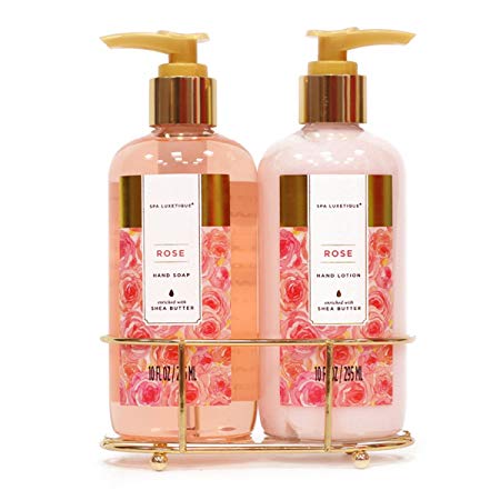 Spa Luxetique Hand Wash and Hand Lotion Caddy Set, Rose Hand Cream Gift Set, Ideal Gift for the Holidays, Christmas, Birthday, Valentine's Day, Thank You Gift. Travel Size 2 / 10Fl oz (295ML)