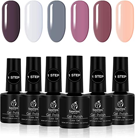 Beetles Magic Gel Polish Set Nude Grey Series - Finish in One Step No Base and Top Coat Required - Pack of 6 Colors Shine Finish and Long Lasting, Soak Off UV LED Gel, 7.3ml Each Bottle