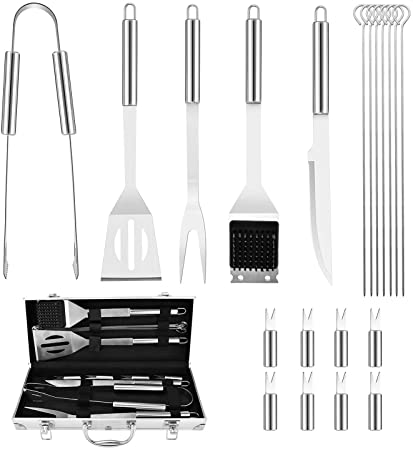 Stainless Steel BBQ Tool Set with BBQ Grill Mats BBQ Grill Tools Set Gifts for Men Women - Camping Barbecue Grilling Utensils Kit - Ideal BBQ Gift on Birthday Christmas (20PCS)