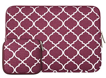 Mosiso Quatrefoil Style Canvas Fabric Laptop Sleeve Bag Cover for 15-15.6 Inch MacBook Pro, Notebook Computer with Small Case, Wine Red