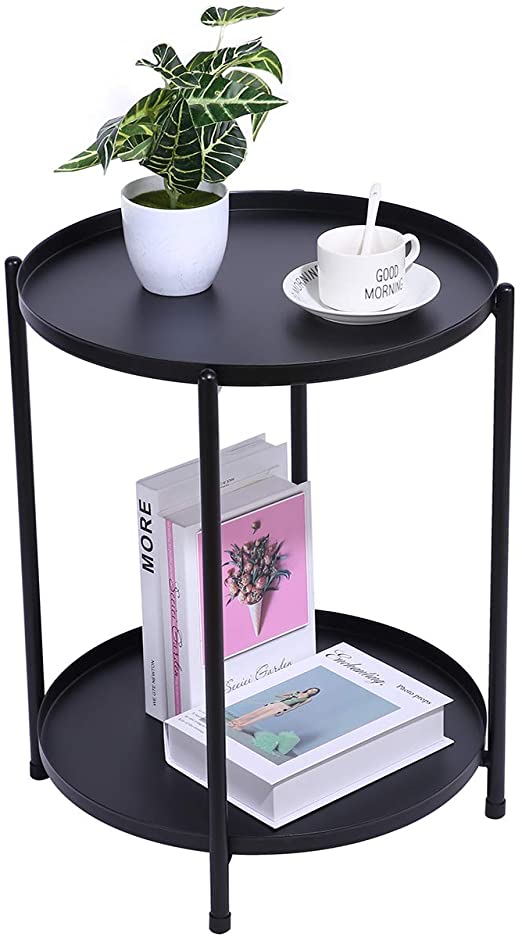 H JINHUI Side Table, Round Metal Tray Table Side Sofa Table Anti-Rust and Waterproof Outdoor & Indoor Snack Table Accent Coffee Table,Removable 2-Layer Tray, Black