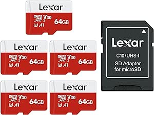 Lexar E-Series 64GB Micro SD Card 5 Pack, microSDXC UHS-I Flash Memory Card with Adapter, 100MB/s, C10, U3, A1, V30, Full HD, 4K UHD, High Speed TF Card